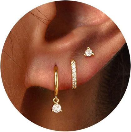 Freekiss 3 Pairs Gold Hoop Earrings Set: Dainty Stud Earrings Trendy Small 14K Gold Plated Hypoallergenic Dangle Cartilage Huggie Hoop Earrings for Women Gold Jewelry for Women Gifts - rounded cz dangle earrings-GD