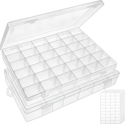 OUTUXED 2 Pack 36 Grids Clear Plastic Bead Organizer Box, Fishing Tackle Box Compartment Organizer with Adjustable Dividers for Jewelry, Art Craft, Bead Storage Containers with 5 Sheets Label Stickers - 2 Pack