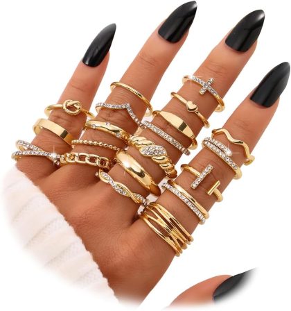 KISS WIFE Golden Silvery Black Kunckle Rings Set for Women, Dainty Simple Trendy Cute Stackable Finger Rings Pack, Perfect for Stacking Layering on Thumb and Knuckle, Mixed Size, Jewelry Gift - Gold-Sparkling