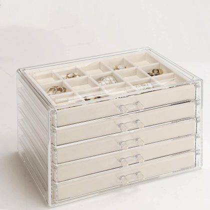 GUOER 5 Drawers Clear Jewelry Box for Women and Girls, Acrylic Earring Holder Organizer Ring Holder Display Storage, Mother's Day Warm White - Warm White