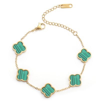 AIPPK 18K Gold Plated Clover Lucky Bracelet for Women White/Black/Red/Green Flower Four Leaf Link Bracelets Trendy Jewelry Gifts for Women - Green