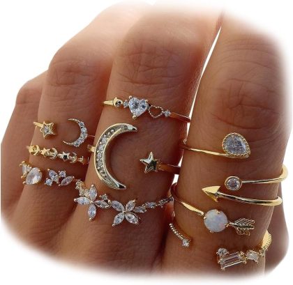 KISS WIFE Gold Stackable Moon Star Knuckle Rings Set for Women, Boho Dainty Lightweight Stacking Rings, Vintage Midi Rings Pack, Trendy Jewelry - Gold-Moon Star