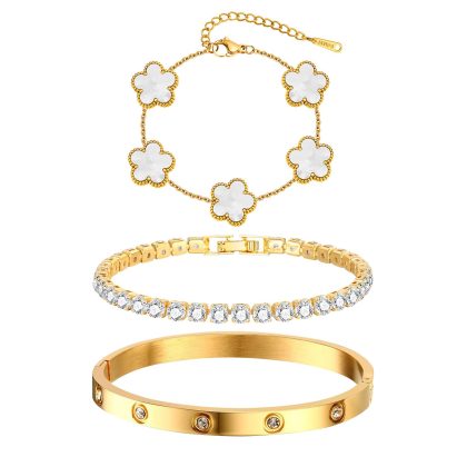 Womens Stackable Floral Gold Bracelets - 3Pcs 18K Gold Plated Bracelet,Stainless Steel Bangle Bracelets Non Tarnish, Gold Bracelet Set Trendy Jewelry,Christmas Valentines Birthday Gifts for Girlfriend - White