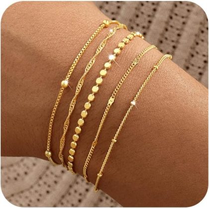 Gold Bracelets for Women, 14K Gold Plated Stackable Bracelet Stack Set Adjustable Charm Paperclip Chain Snake Link Layered Waterproof Jewelry Sets Gifts - Bracelets Set /3