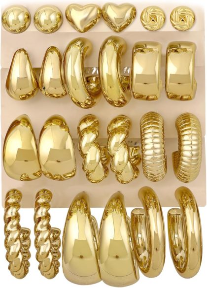 12 Pairs Chunky Gold Hoop Earrings for Women Trendy, Gold Plated Lightweight Hypoallergenic Stack, Thick Open Twisted Huggie Hoops Earring Set - 12 Pairs Gold Chunky