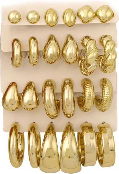 nan - 12 Pairs Gold Hoop