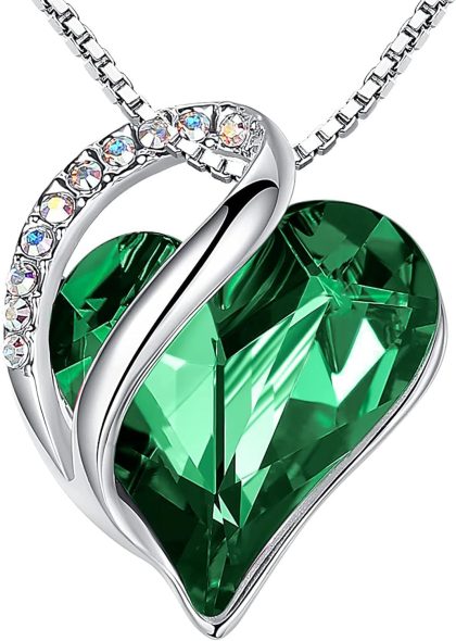 Leafael Mothers Day Gift Necklaces for Women, Infinity Love Birthstone Heart Crystal Pendant, Birthday Anniversary Jewelry for Wife, Mom, and Her, Silver Plated, 18" + 2" Adjustable Chain - 05-May-Emerald Green