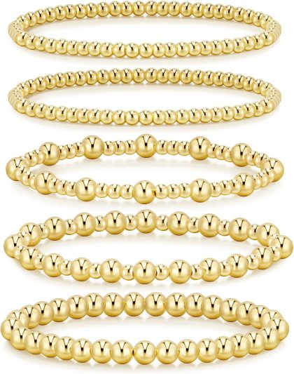 adoyi Gold Bracelets for Women Waterproof, 14K Gold Plated Beaded Strand Bead Ball Bracelets stack Adjustable Jewelry Set for Gifts - 5PCS Gold-A
