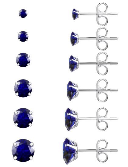 6 Pairs Stud Earrings Set, Hypoallergenic Cubic Zirconia 316L Earrings Stainless Steel CZ Earrings 3-8mm (Steel color) - A-013-Blue
