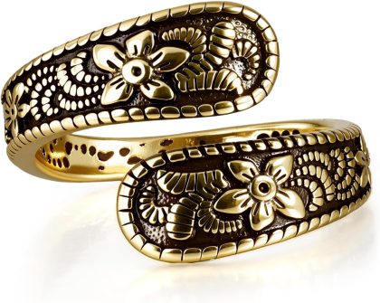 Vintage 14K Gold Plated and Silver Spoon Ring – Adjustable Ring with Carving Design for Women, Unique Boho Open Ring for Gift - Gold