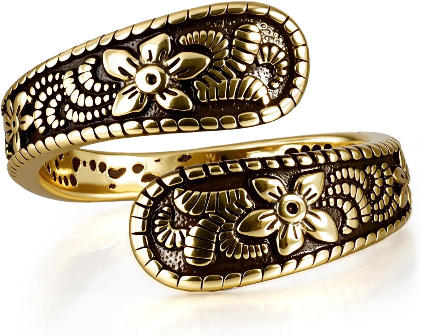 Vintage 14K Gold Plated and Silver Spoon Ring – Adjustable Ring with Carving Design for Women, Unique Boho Open Ring for Gift - Gold
