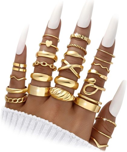 YEEZII 25 Pcs Gold Knuckle Rings Set for Women, Cute Stackable Finger Midi Rings, Dainty Gold Chunky Stacking Statement Womens ring pack - Gold-A-25 Pcs