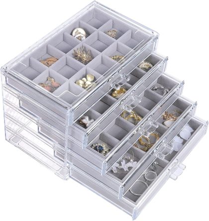 misaya Earring Jewelry Organizer with 5 Drawers, Birthday Present, Clear Acrylic Jewelry Box for Women, Velvet Earring Display Holder for Earrings Ring Bracelet Necklace, Gray - Gray