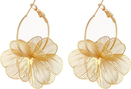 Dangle Flower Earrings for Women Statement Trendy Hoop Earring Floral Drop Earrings Jewelry - Gold