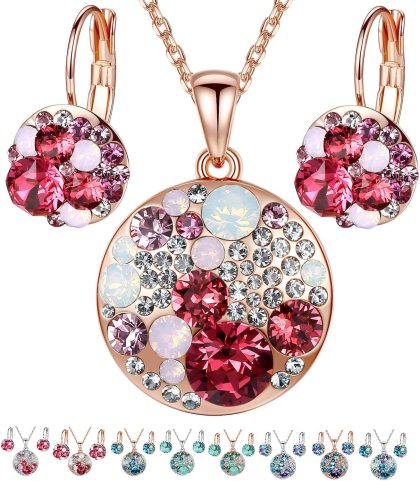 Leafael Ocean Bubble Women's Crystal Jewelry Set Costume Fashion Pendant Necklace Earring, Silver Tone or 18K Rose Gold Plated, 18" + 2", Birthday Gifts for Women - Pink Red Crystals/Rose Gold Plated Chain