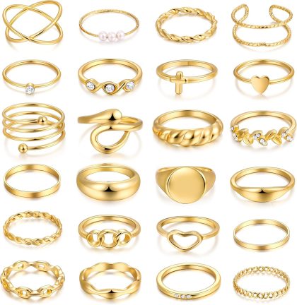 FAXHION 24-60 Pcs Gold Stackable Rings for Women, Knuckle Rings Chunky Gold Ring Set Dainty Stacking Cute Rings, Multiple Sizes Cute Jewelry Set Gift - Gold-24 Pcs