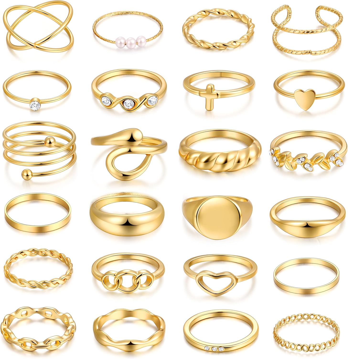 FAXHION 24-60 Pcs Gold Stackable Rings for Women, Knuckle Rings Chunky Gold Ring Set Dainty Stacking Cute Rings, Multiple Sizes Cute Jewelry Set Gift - Gold-24 Pcs