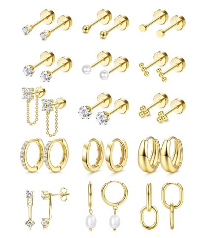 LOLIAS Flat Back Earrings for Women Hypoallergenic Surgical Steel Earrings for Sensitive Ears-20G Cartilage Earring Stacks 14K Gold Plated Hoops Flatback Stud Earring Sets for Multiple Piercing - 14K Gold Plated