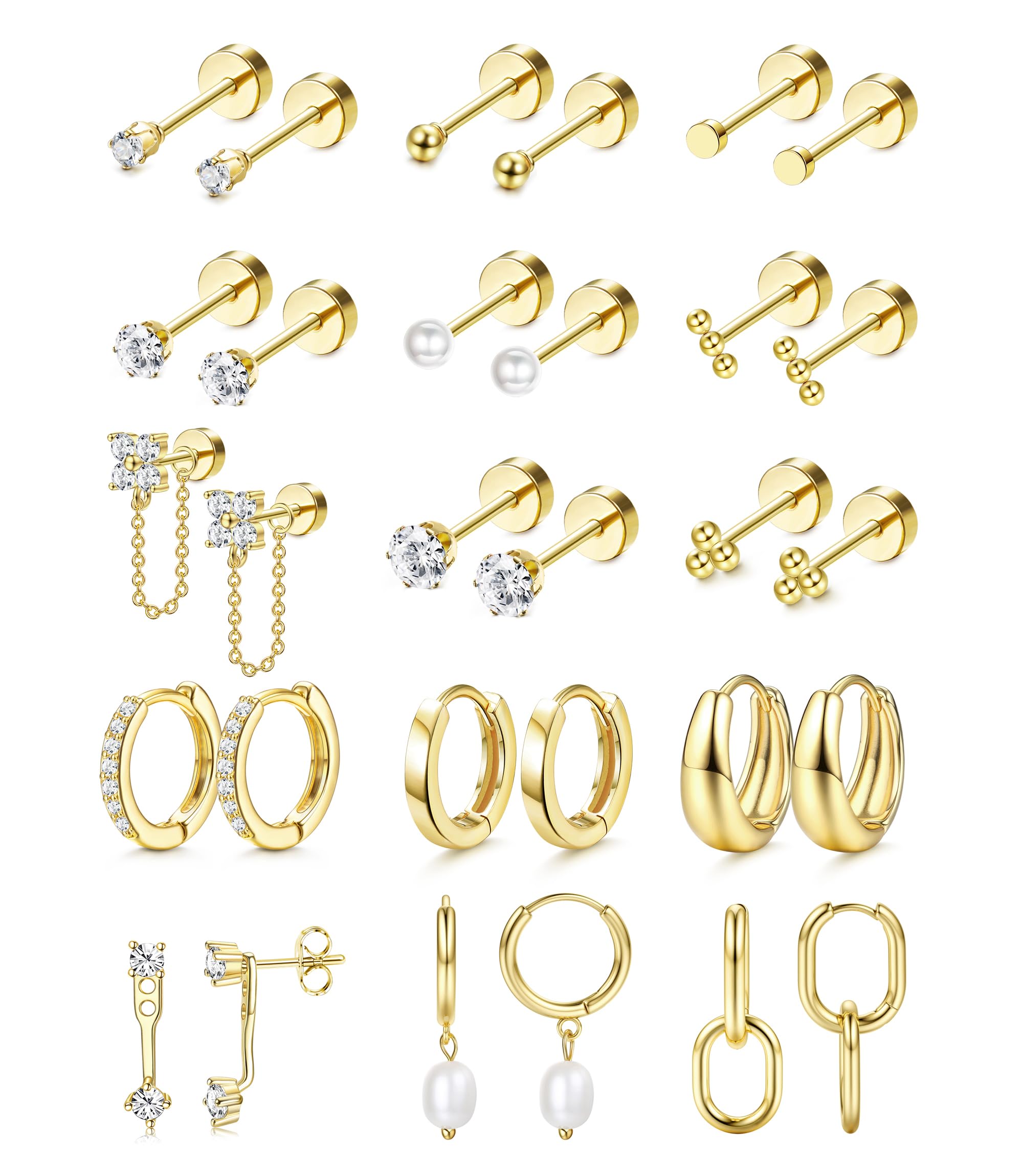 LOLIAS Flat Back Earrings for Women Hypoallergenic Surgical Steel Earrings for Sensitive Ears-20G Cartilage Earring Stacks 14K Gold Plated Hoops Flatback Stud Earring Sets for Multiple Piercing - 14K Gold Plated