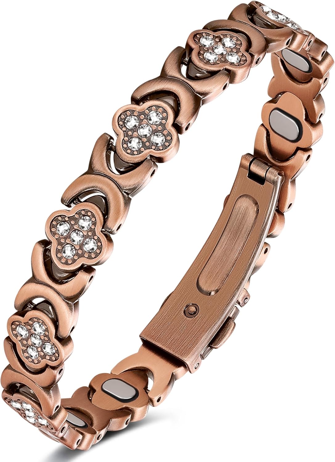 Feraco Pure Copper Bracelets for Women, Ultra Strength Magnetic Therapy Bracelet for Pain Relief with Neodymium Magnets & Sparkling Cubic Zirconia, Adjustable, Infinite Clover Jewelry - Copper 5X Strength - 5,000 Gauss