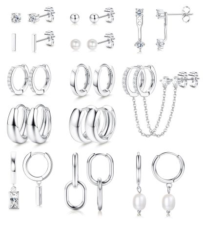 BESTEEL 13 Pairs Small Stud Hoop Earrings Set for Women Hypoallergenic Gold Plated Huggie Hoops Pearl Dainty Lightweight Earrings for Gift - Silver Plated