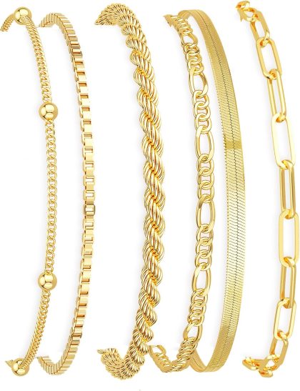 DEARMAY Gold Bracelets for Women Waterproof, 14K Gold Plated Stackable Jewelry Sets Non Tarnish Trendy Thin Dainty Cuban Link Paperclip Chain Bracelet Stack Fashion Accessories Gifts for Womens - 6Pcs BRACELET